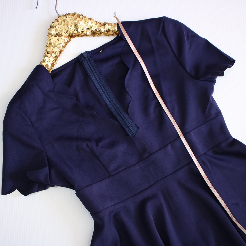 Navy Blue V Neck Scallops Fit & Flare Dress - Picture 6 of 7